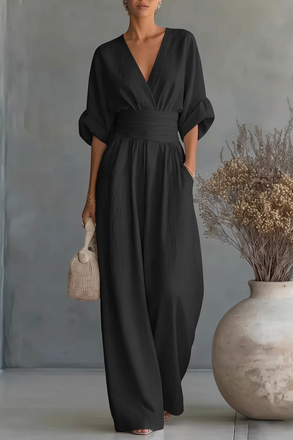 Effortless Flowy Wide-Leg Wrap Jumpsuit With V-Neck - 5