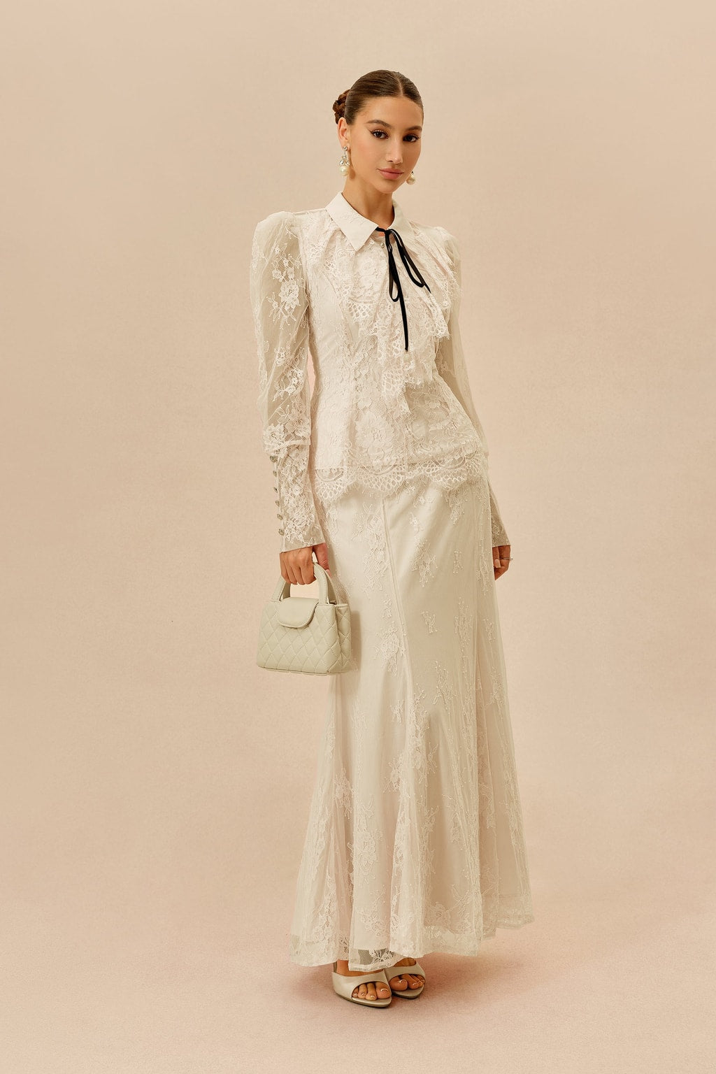 Lace Two-Piece Set With Shirt Collar and Tie Detail - 5