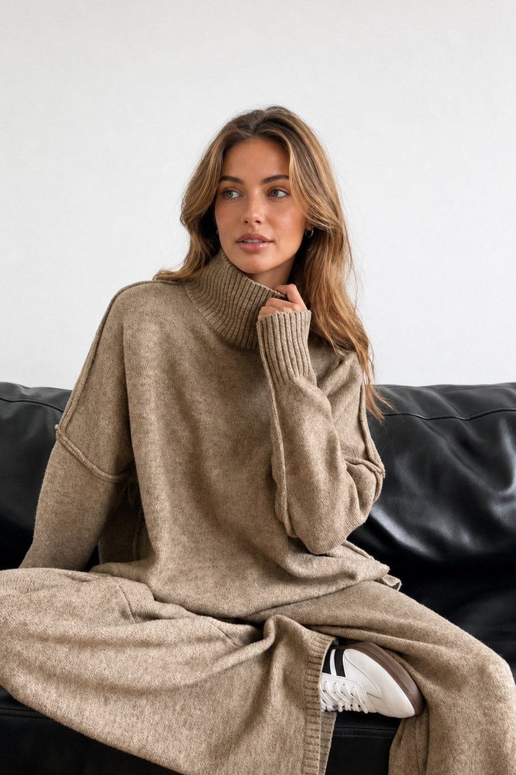Knit Turtleneck Oversized Two-Piece Pant Set - 5