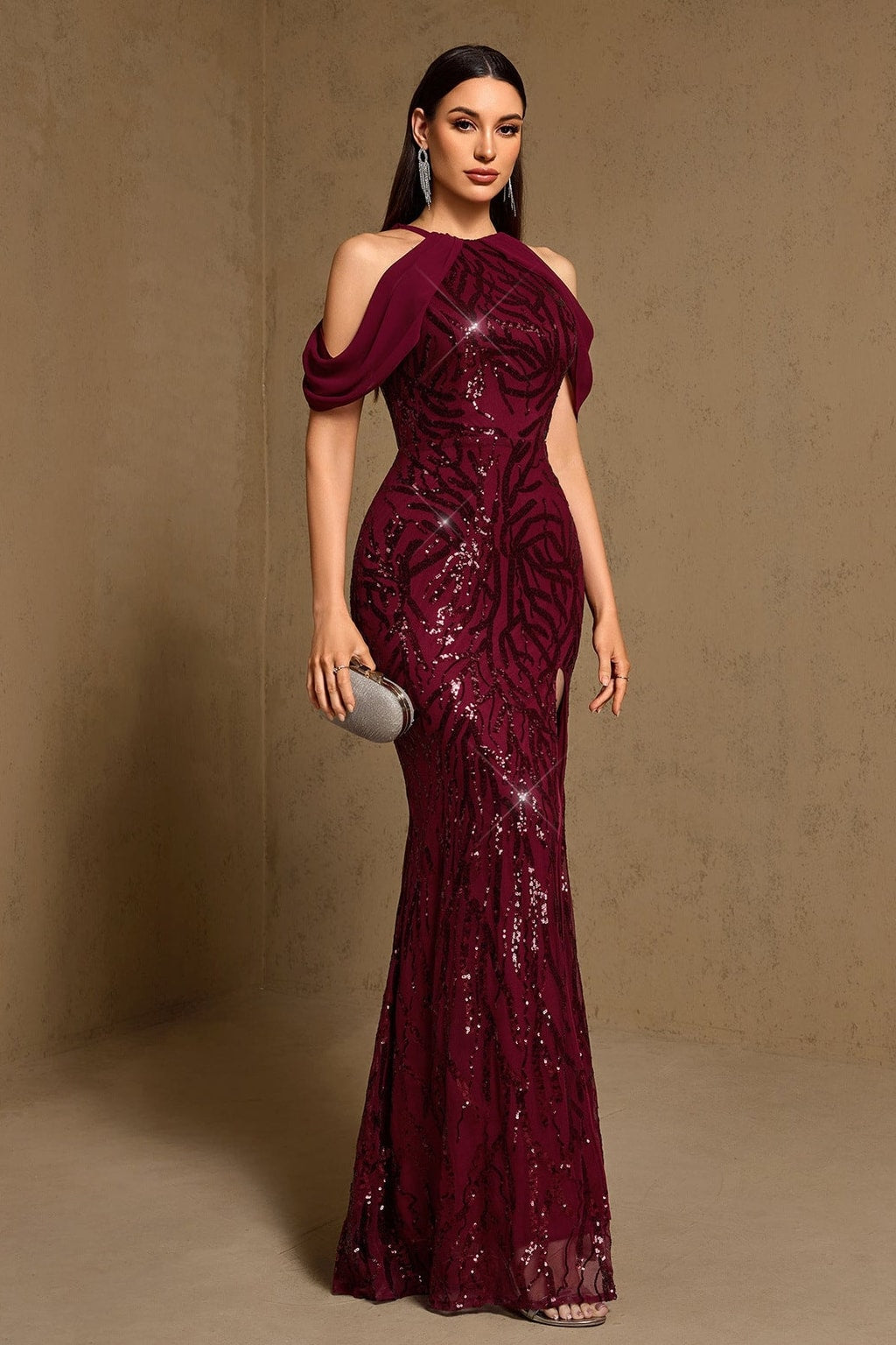 Chiffon Maxi Dress Halter Sequin Slit - 3