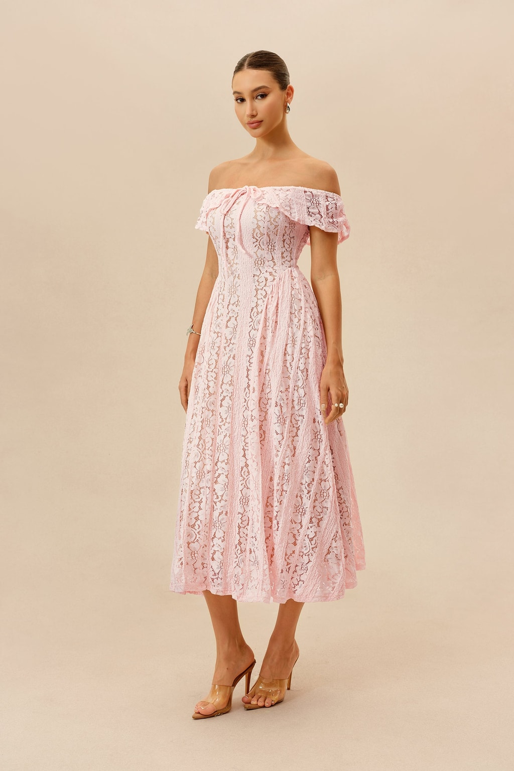 Off Shoulder Floral Lace Midi Dress With Flattering Fit - 5
