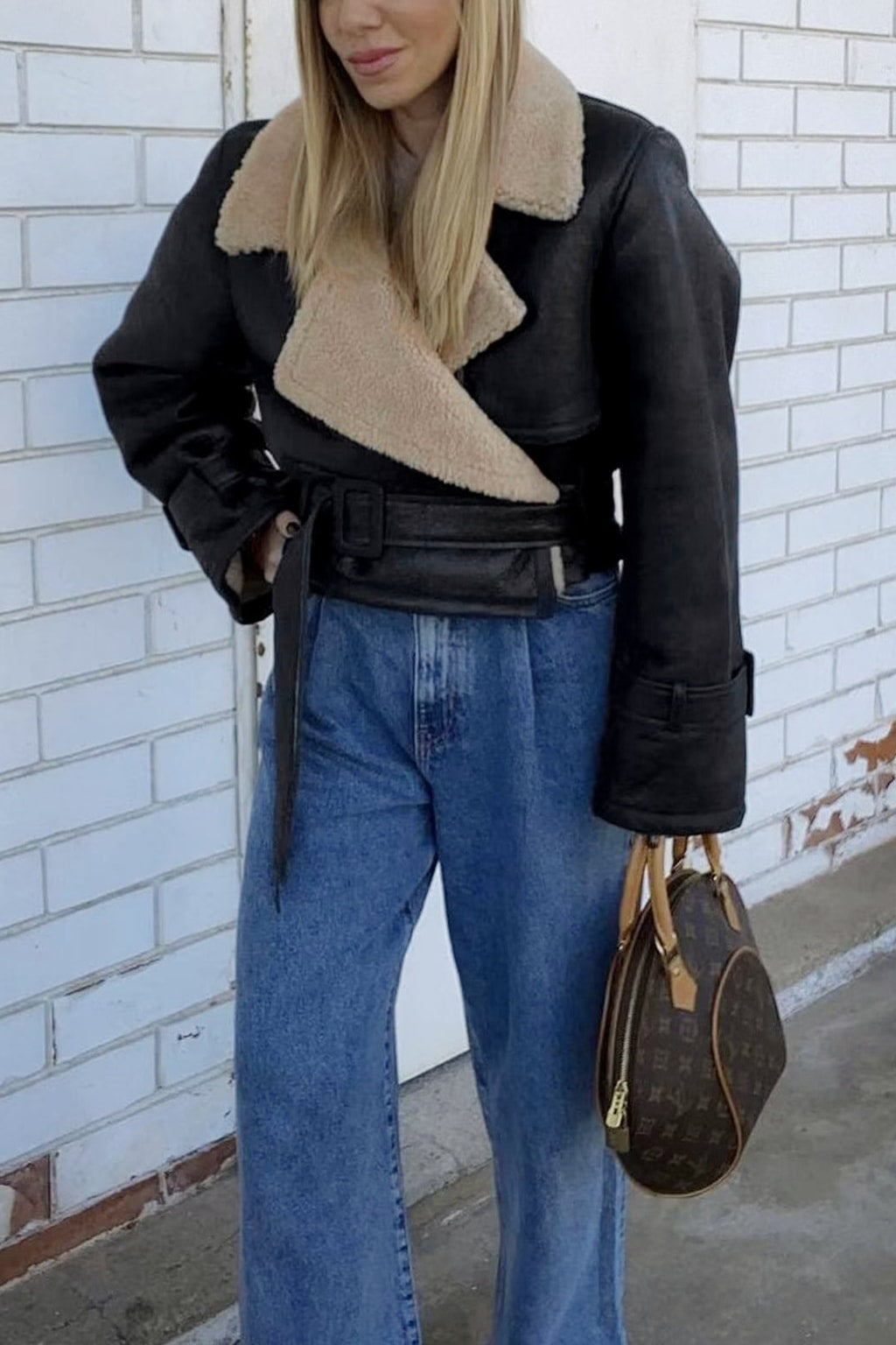 Faux Leather Flight Jacket With Plush Lining - 5