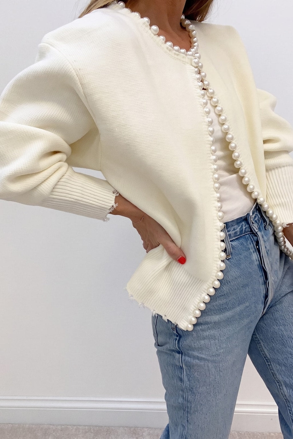 White Knit Cardigan With Pearl Trim - 5
