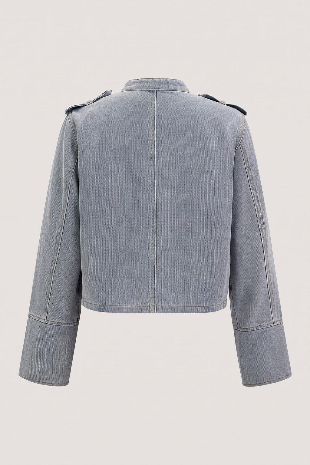 Denim Round Neck Jacket With Metallic Buttons - 5