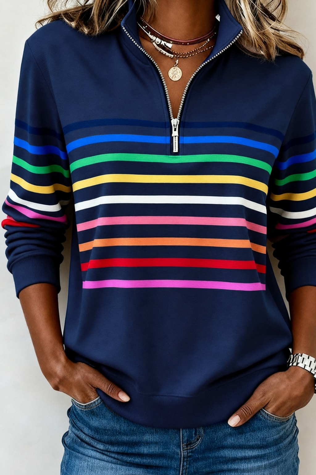 Cozy Knit Quarter-Zip Pullover with Striped Bands - 5