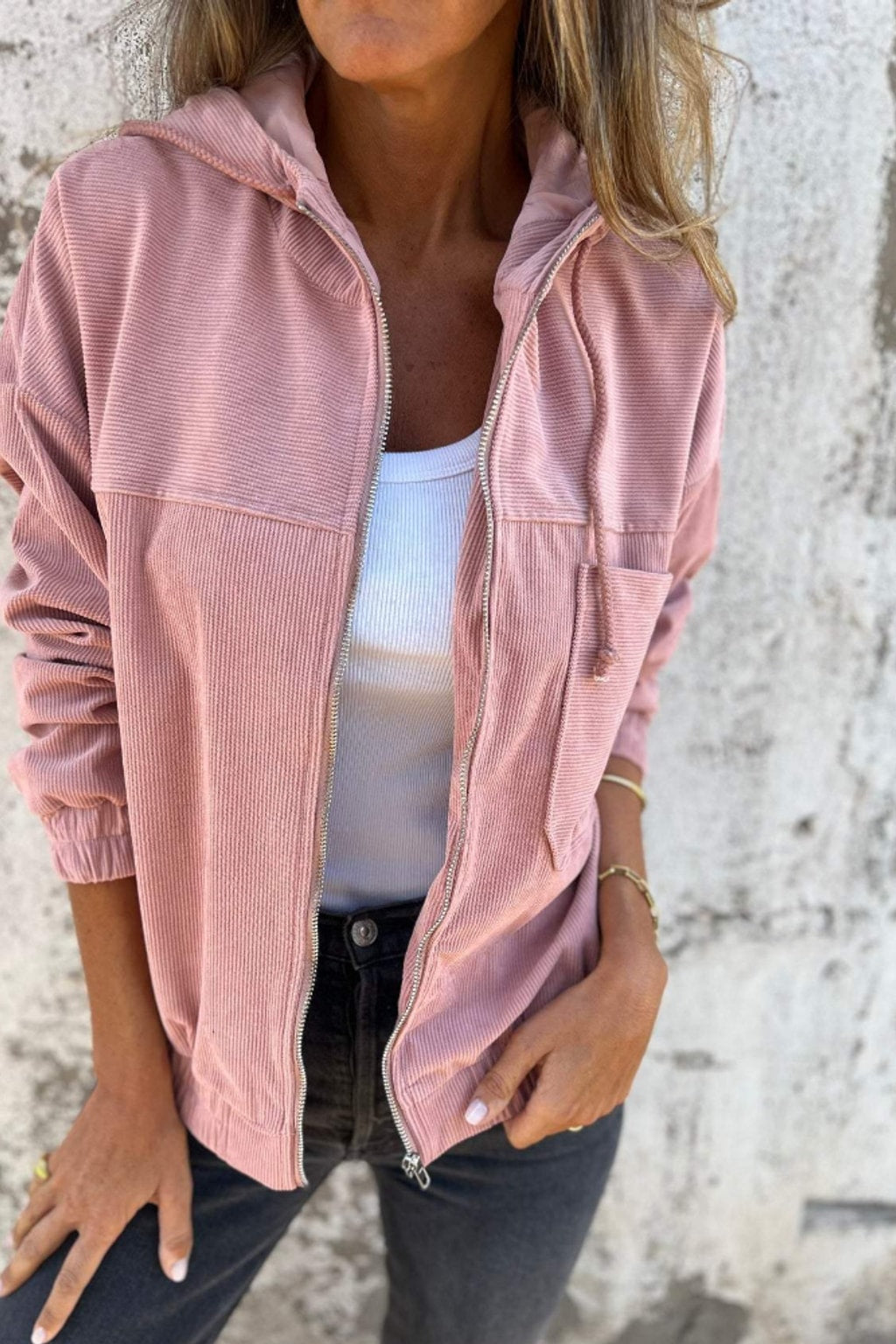 Corduroy Zip-Up Hooded Jacket with Relaxed Fit - 5