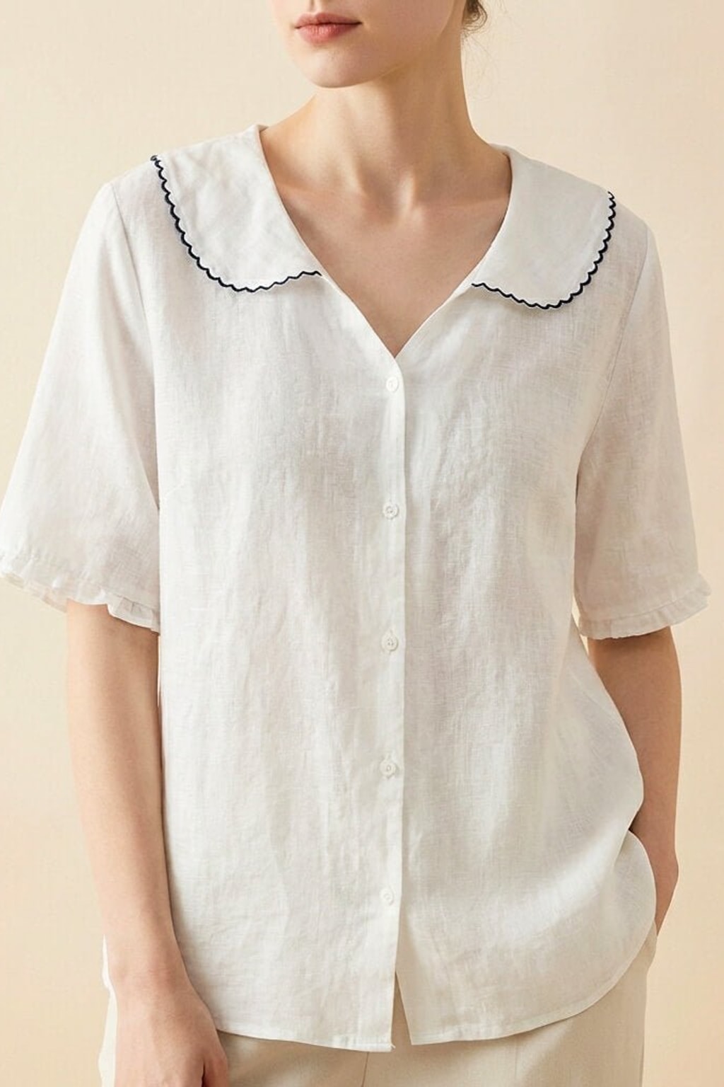 Effortless Cotton Linen Blouse With Scalloped Collar Detail - 6