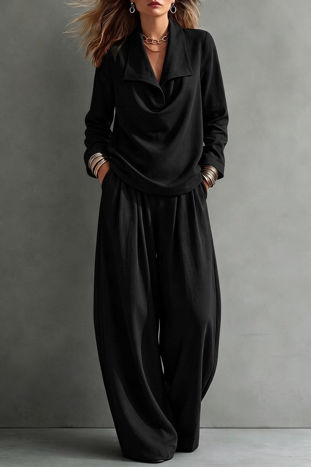 Effortless Polyester Lapel Blouse and Wide-Leg Trouser Two-Piece Set - 6