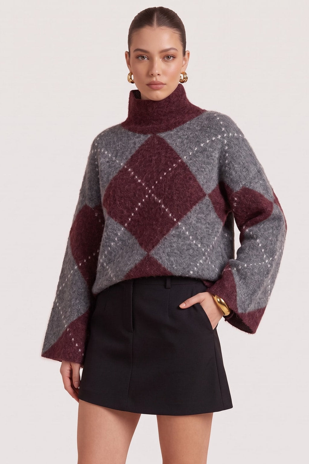 Wool-Blend Argyle Turtleneck Sweater - 6