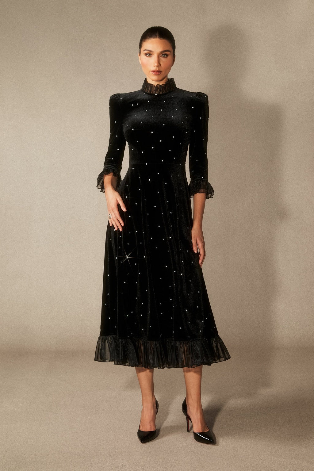 Velvet Diamante Ruffle Maxi Dress - 6