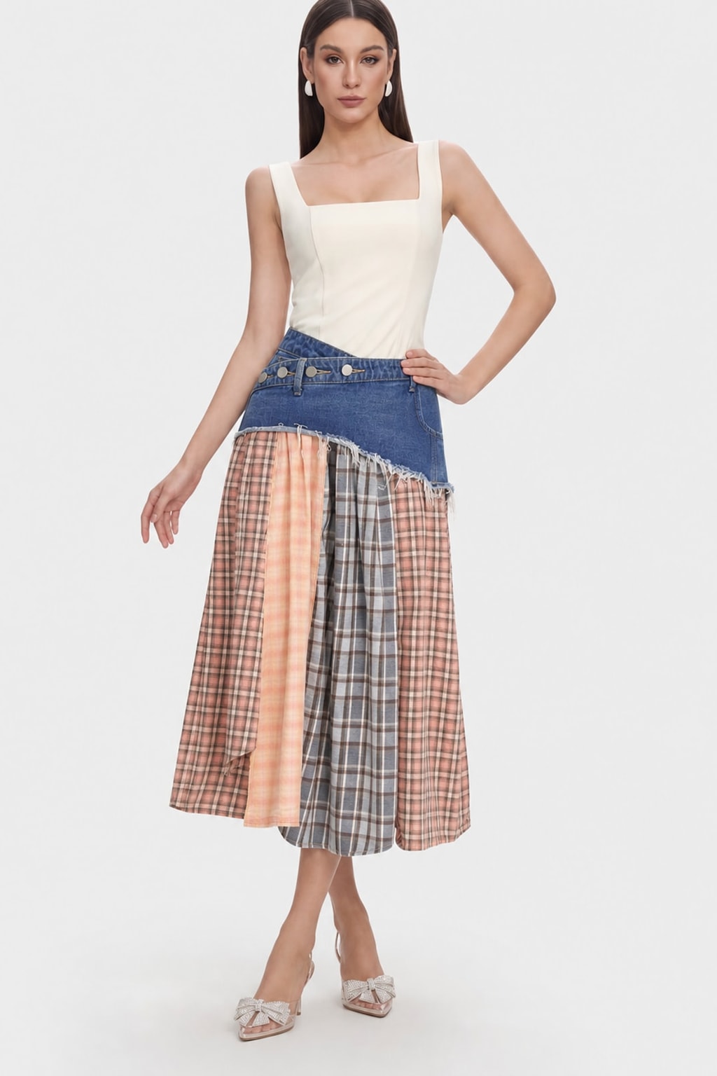 Denim Patchwork Asymmetrical Skirt - 6