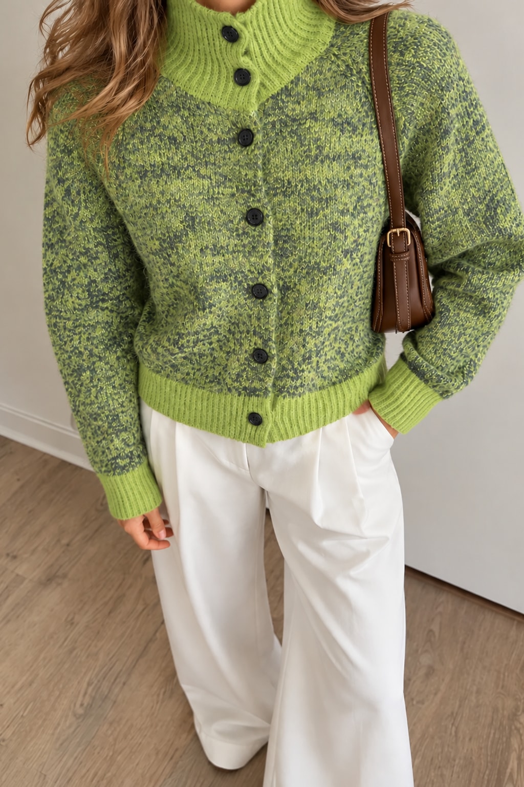 Knit Cardigan Turtleneck Color Block Style - 6
