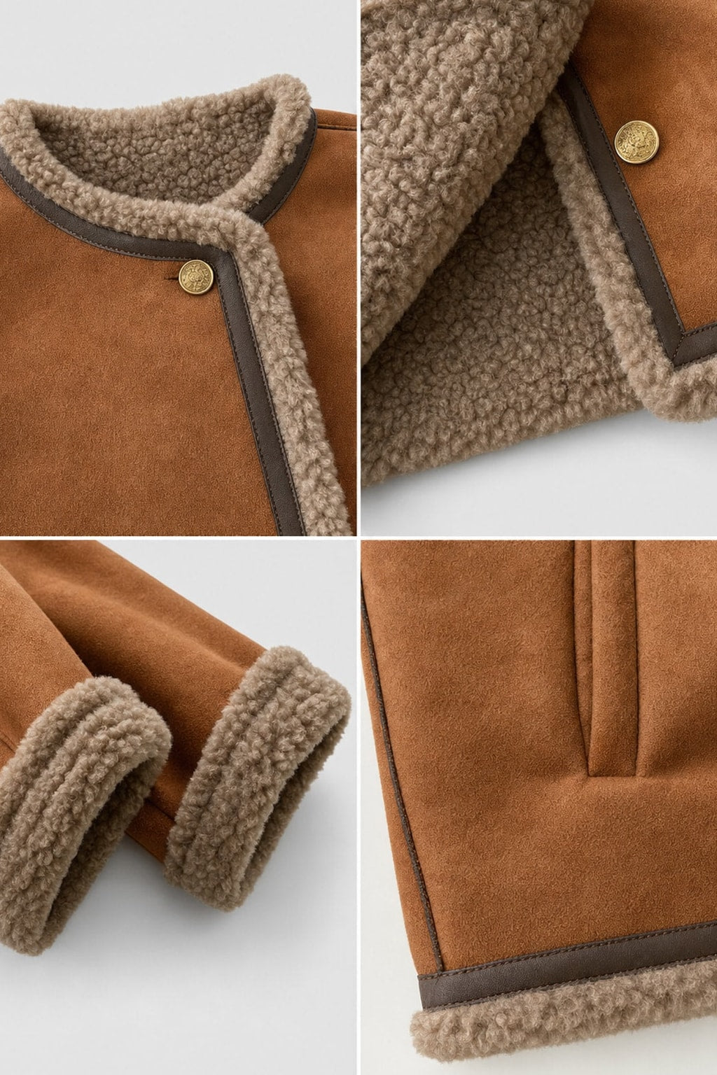 Cozy Suede Shearling Jacket Cropped Collarless - 6