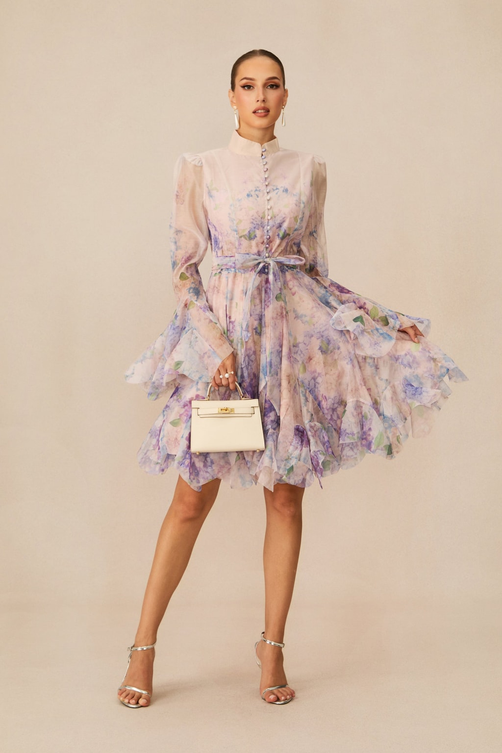 Floral Print Flared Mini Dress With Detachable Tie Belt - 6