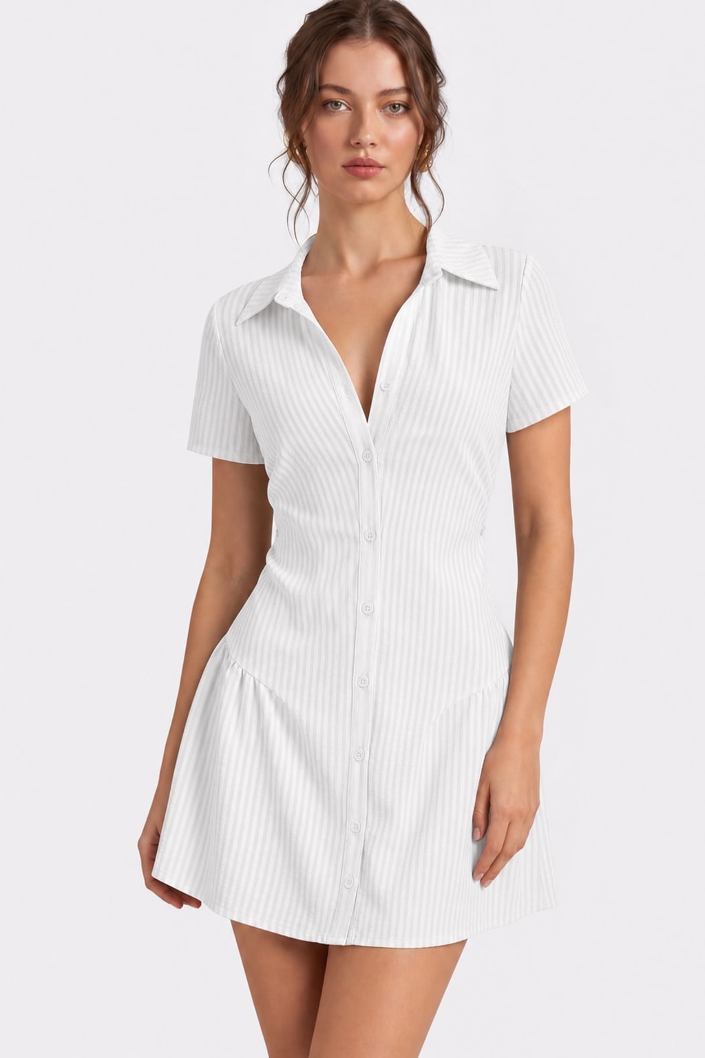 Polyester Striped V-Neck Mini Dress - 6