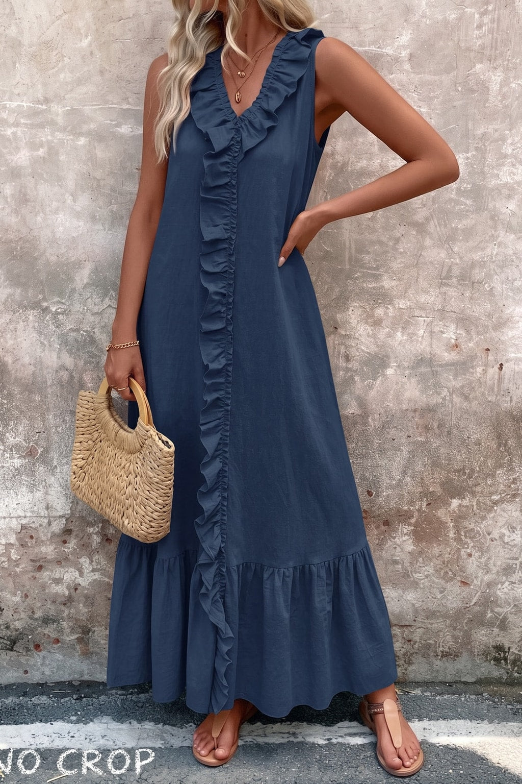 Effortless Cotton V-Neck Maxi Dress With Ruffle Trim - 6