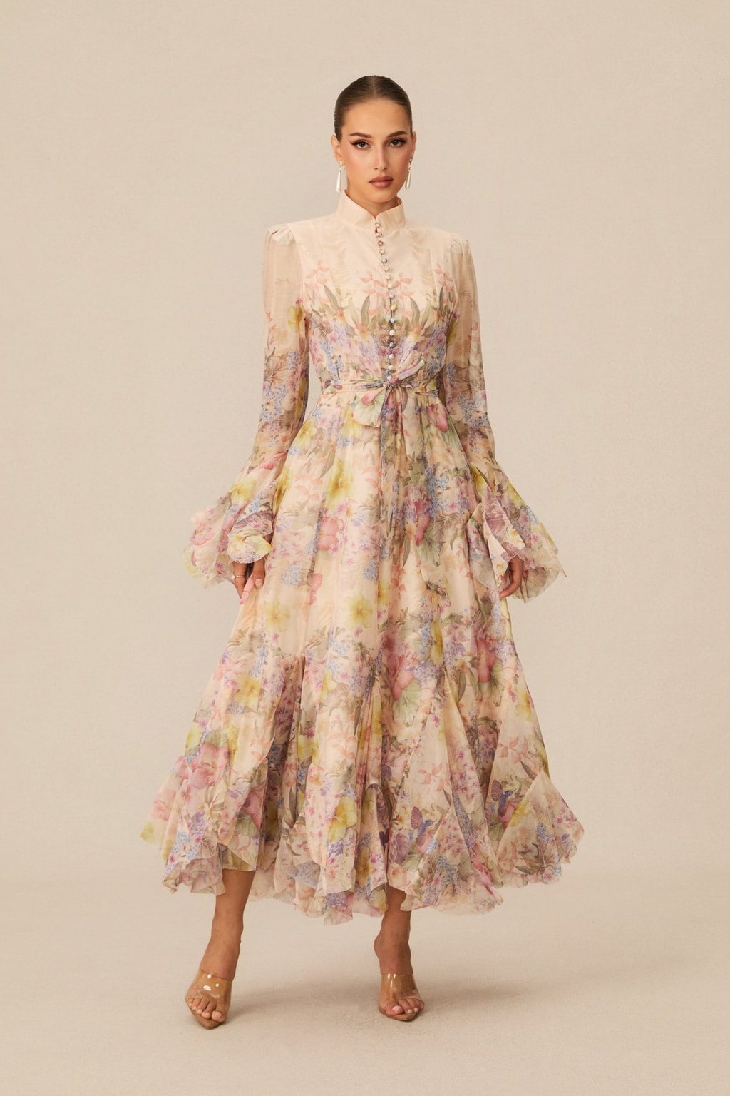 Floral Print Maxi Dress With Ruffle Cuffs And Tie Waist Belt - 7