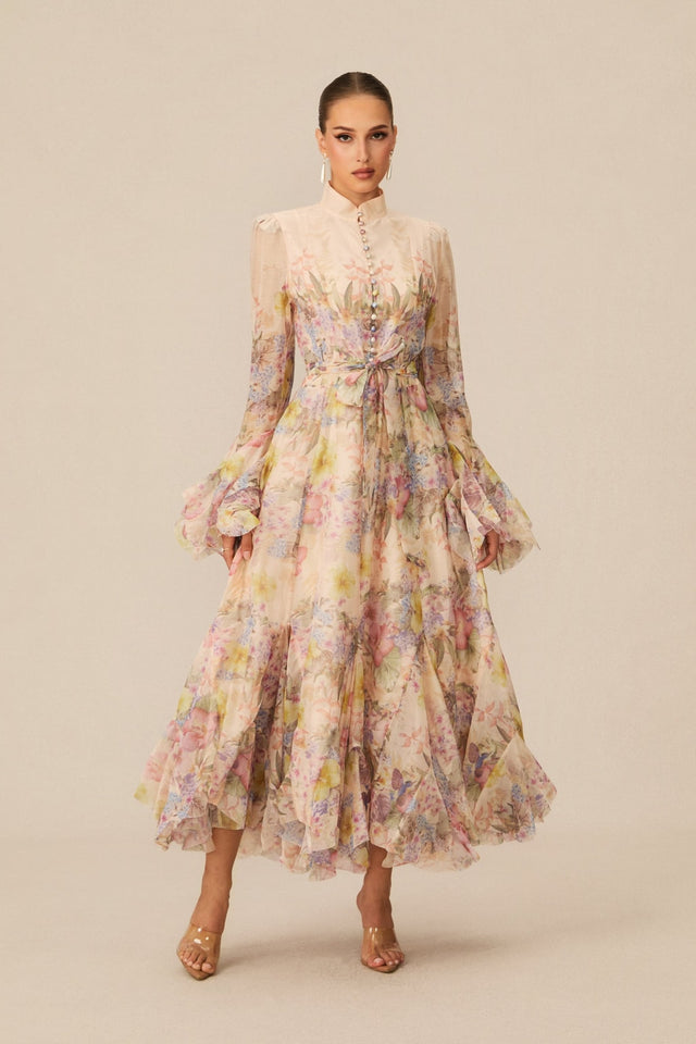 Floral Print Maxi Dress With Ruffle Cuffs And Tie Waist Belt - 7