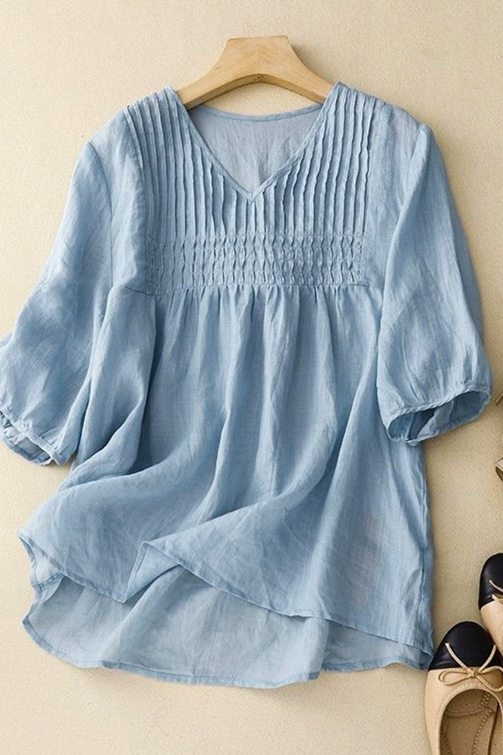 Effortless Cotton Linen Blouse With Smocked High-Low Hem - 6