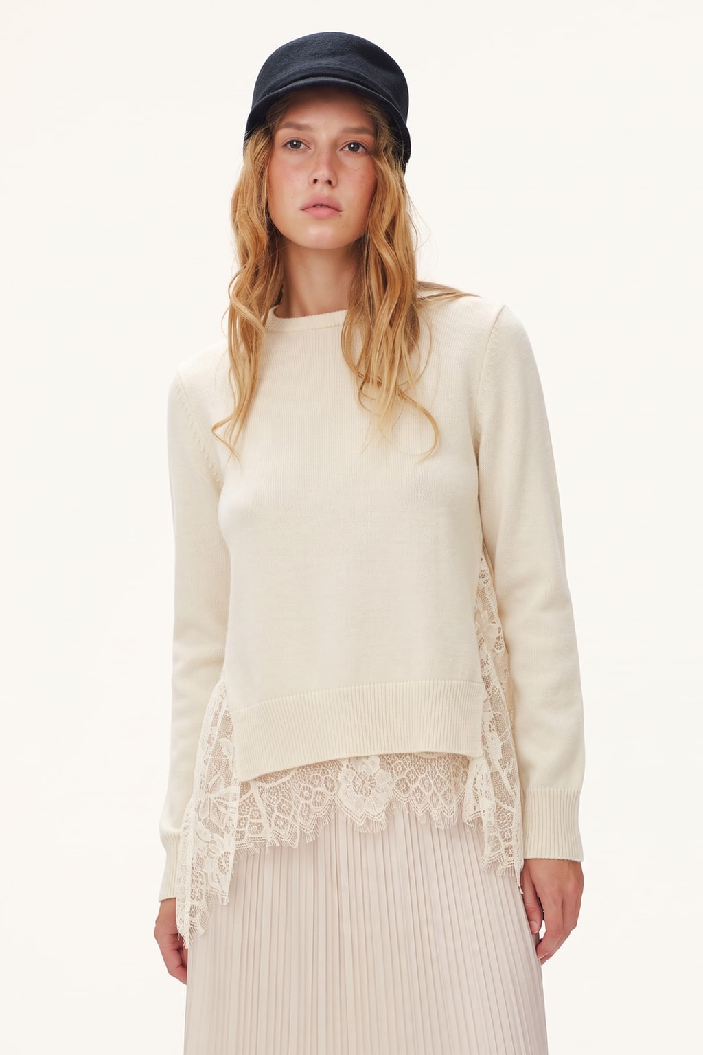 Knit Lace-Panel Sweater With Relaxed Fit - 6