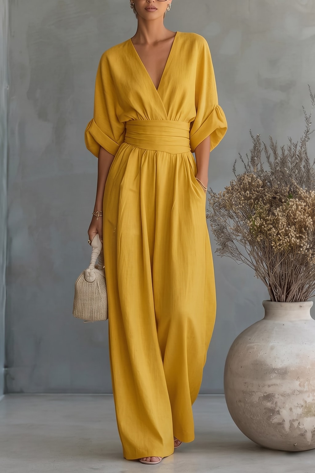 Effortless Flowy Wide-Leg Wrap Jumpsuit With V-Neck - 6