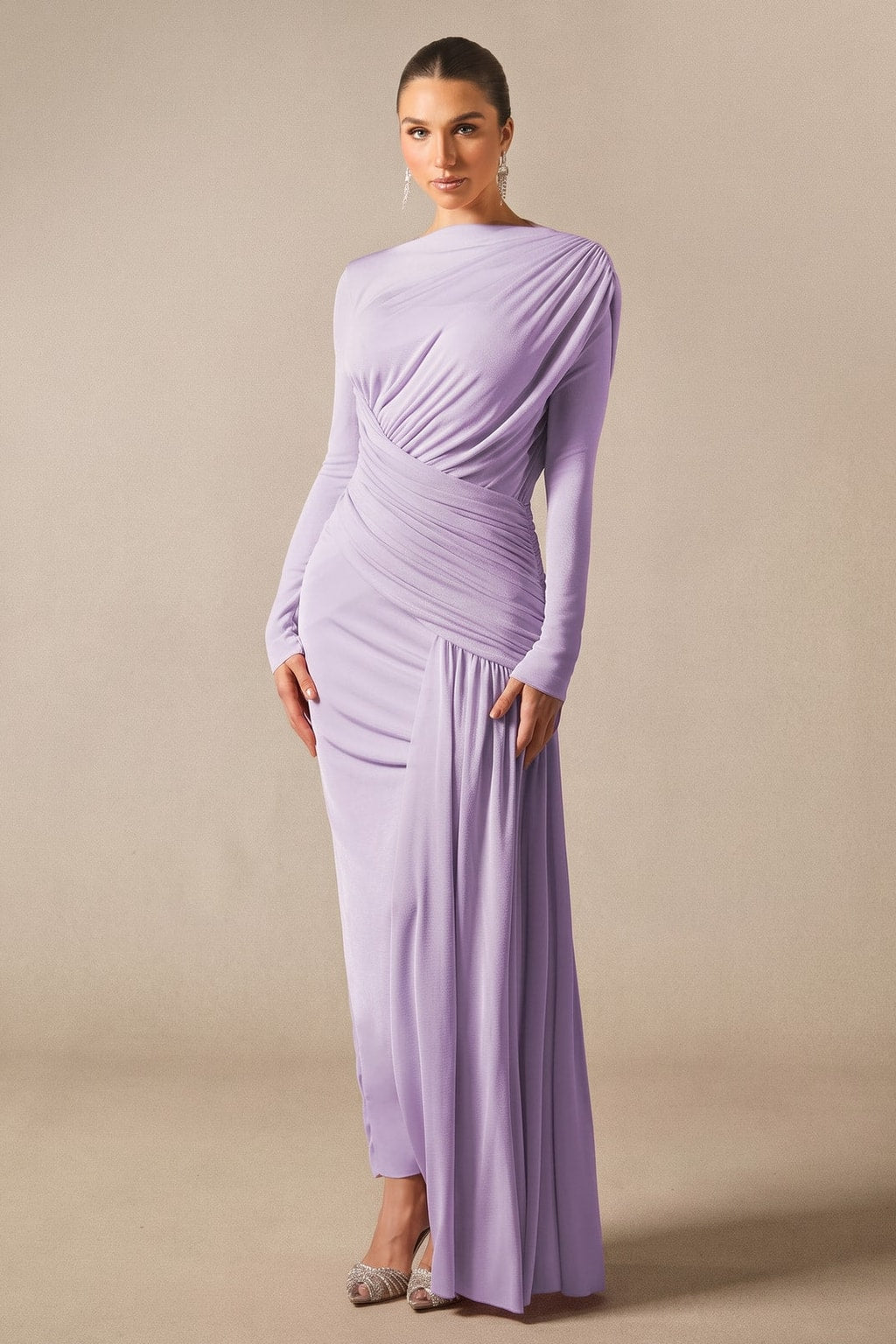 Knit Jersey Asymmetric Ruched Maxi Dress - 6