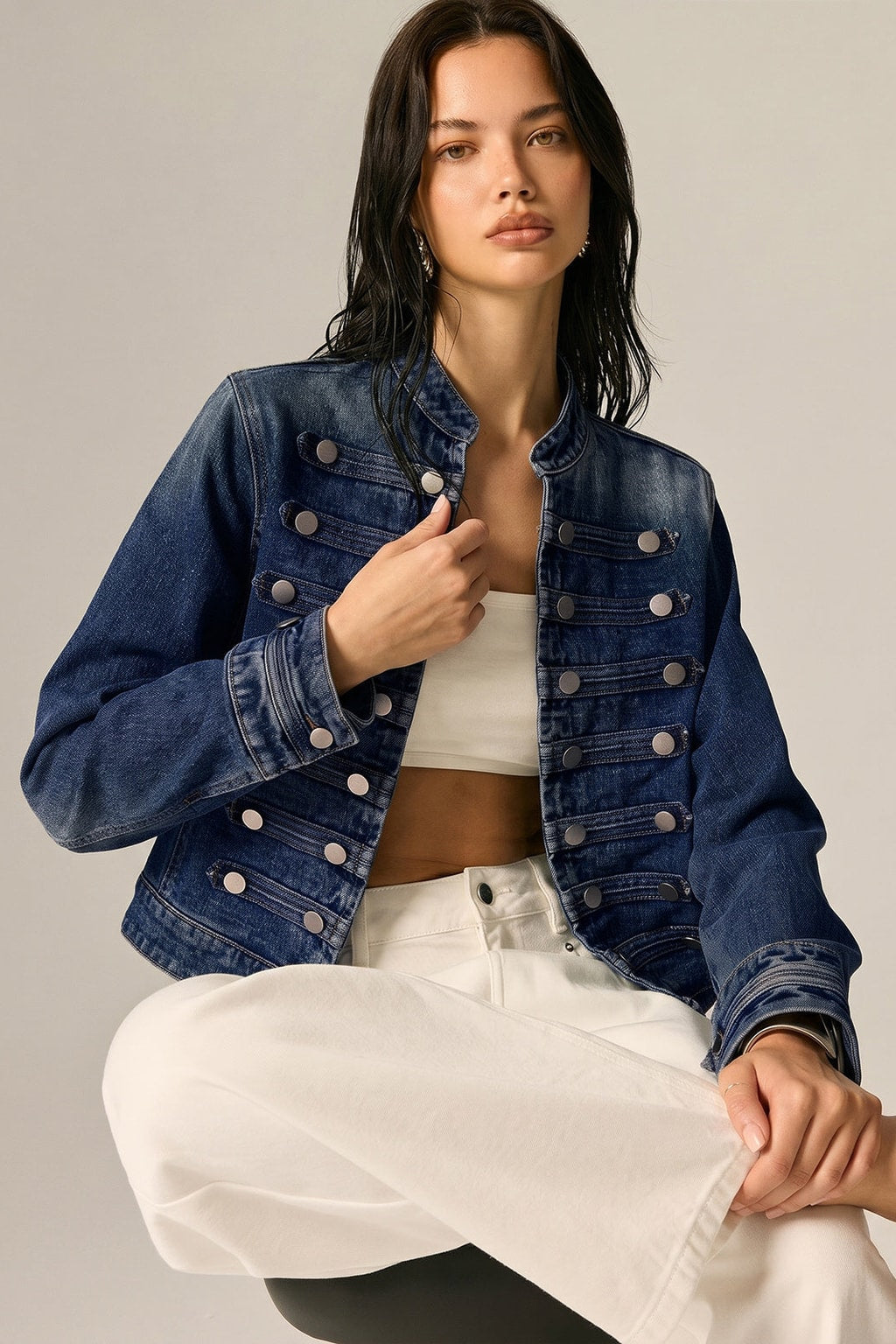 Denim Jacket With Mandarin Collar - 6
