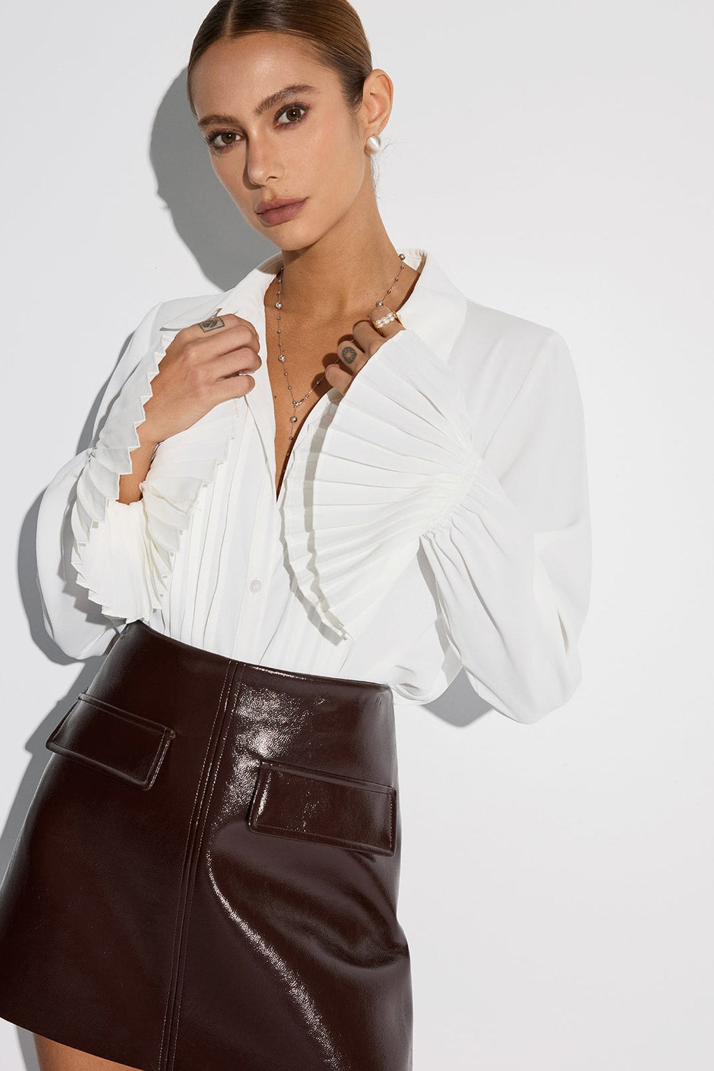 Polyester Pleated Bell Sleeve Shirt - 6