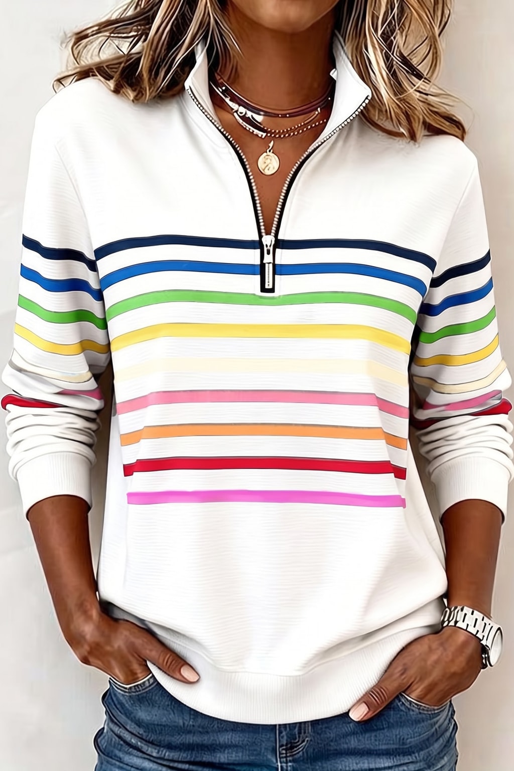 Cozy Knit Quarter-Zip Pullover with Striped Bands - 6