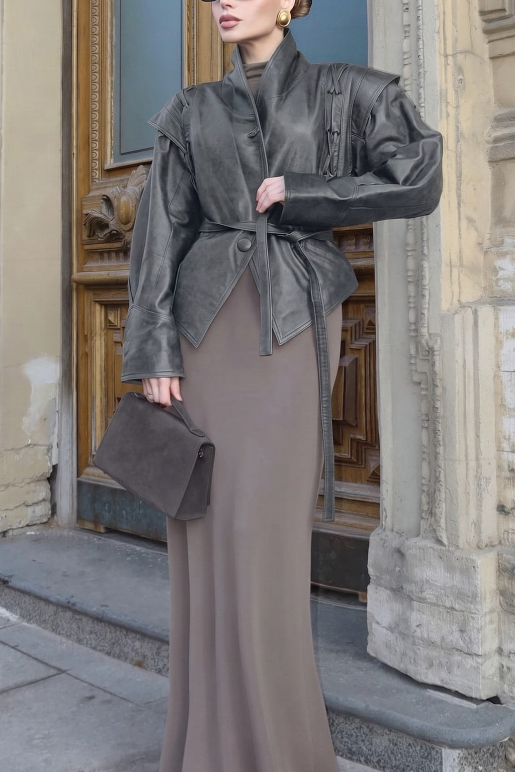 Faux Leather Tie-Front Crossed Button Jacket - 6