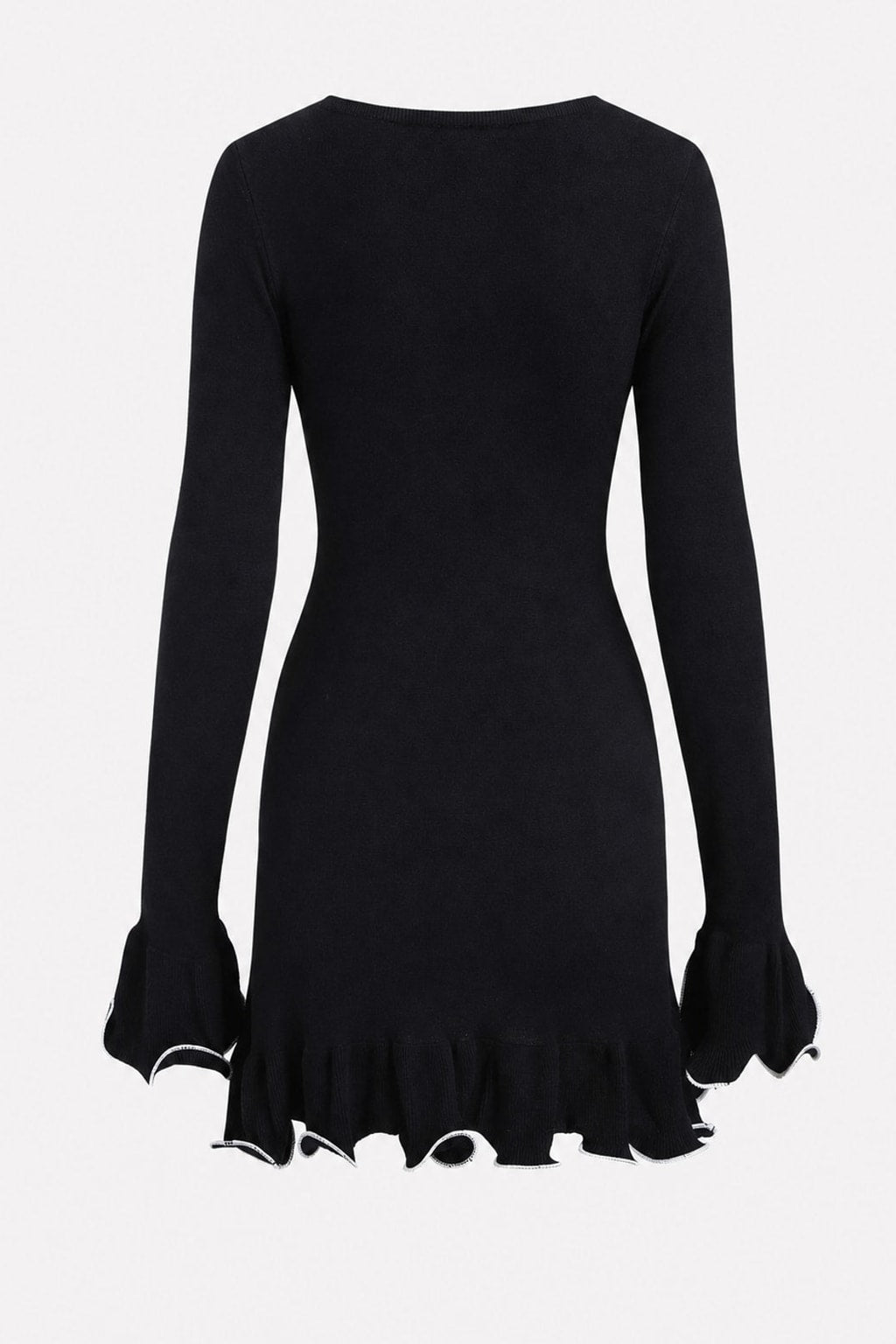 Black Knit Sweater Dress with Ruffle Trim Sleeves - 6