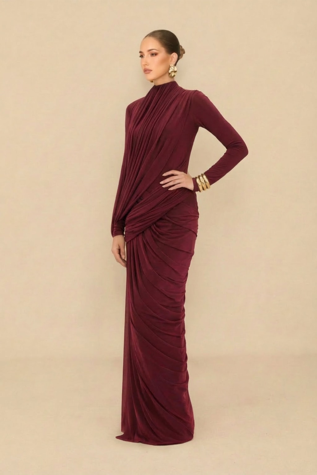 Maxi Dress With High Neck Asymmetric Drape Detail - 6