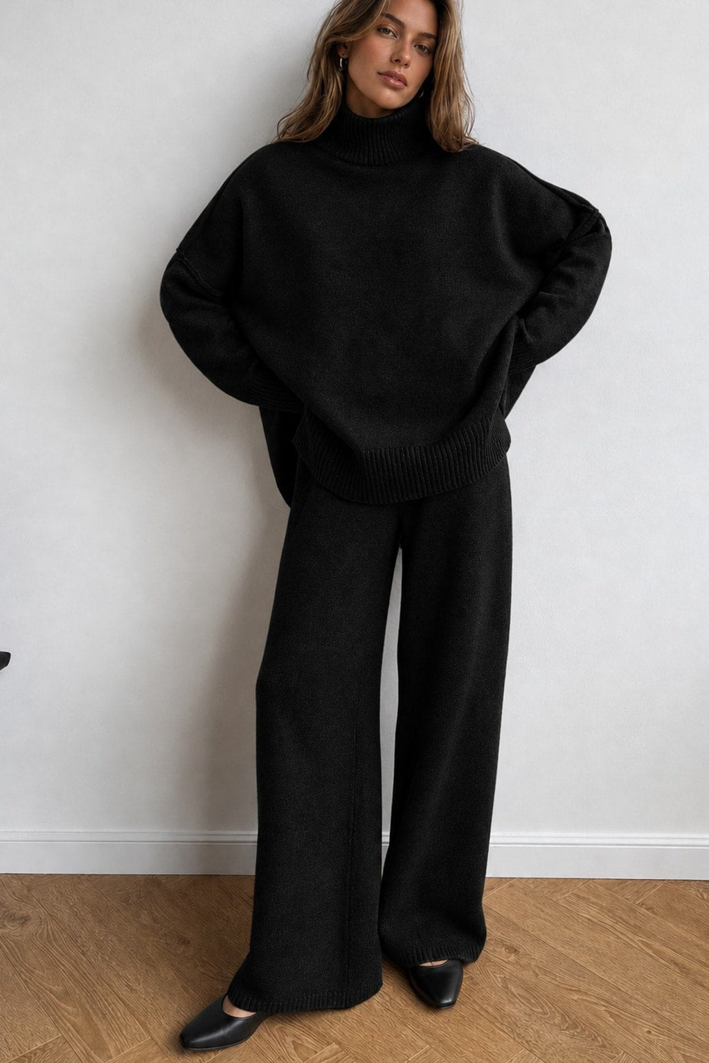 Knit Turtleneck Oversized Two-Piece Pant Set - 6