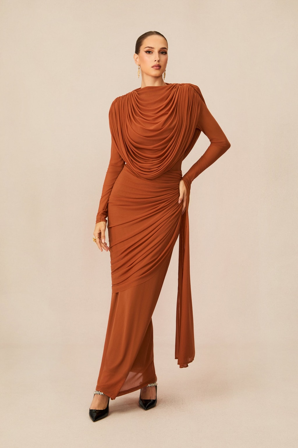 Mesh Cowl Neck Maxi Dress - 6
