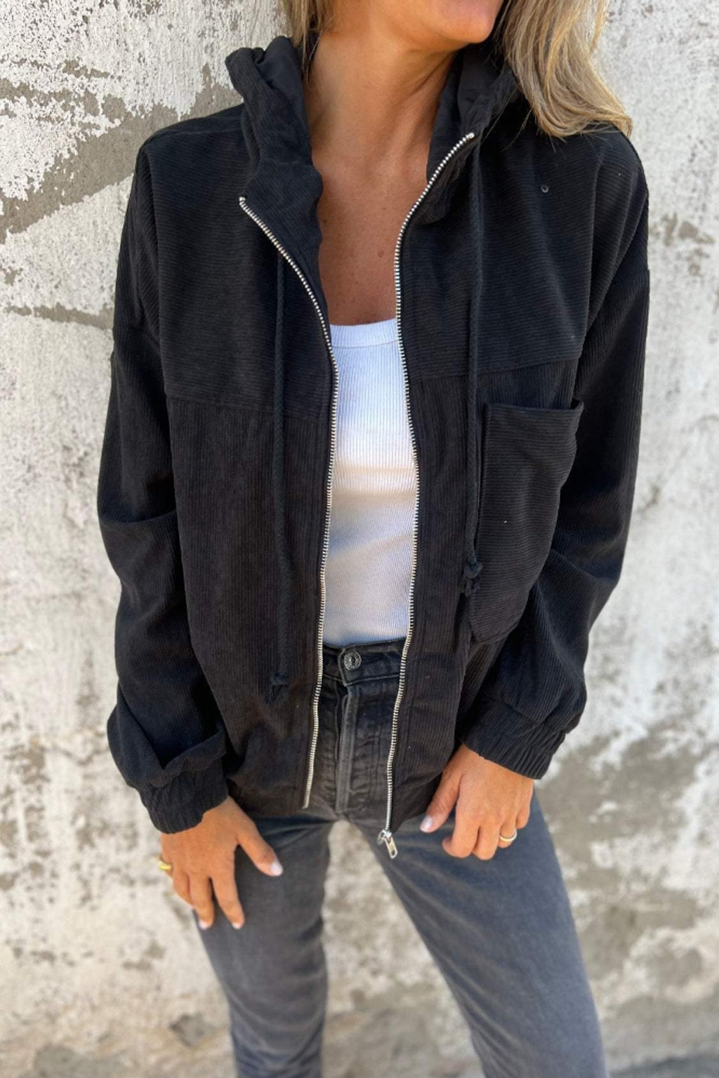 Corduroy Zip-Up Hooded Jacket with Relaxed Fit - 6
