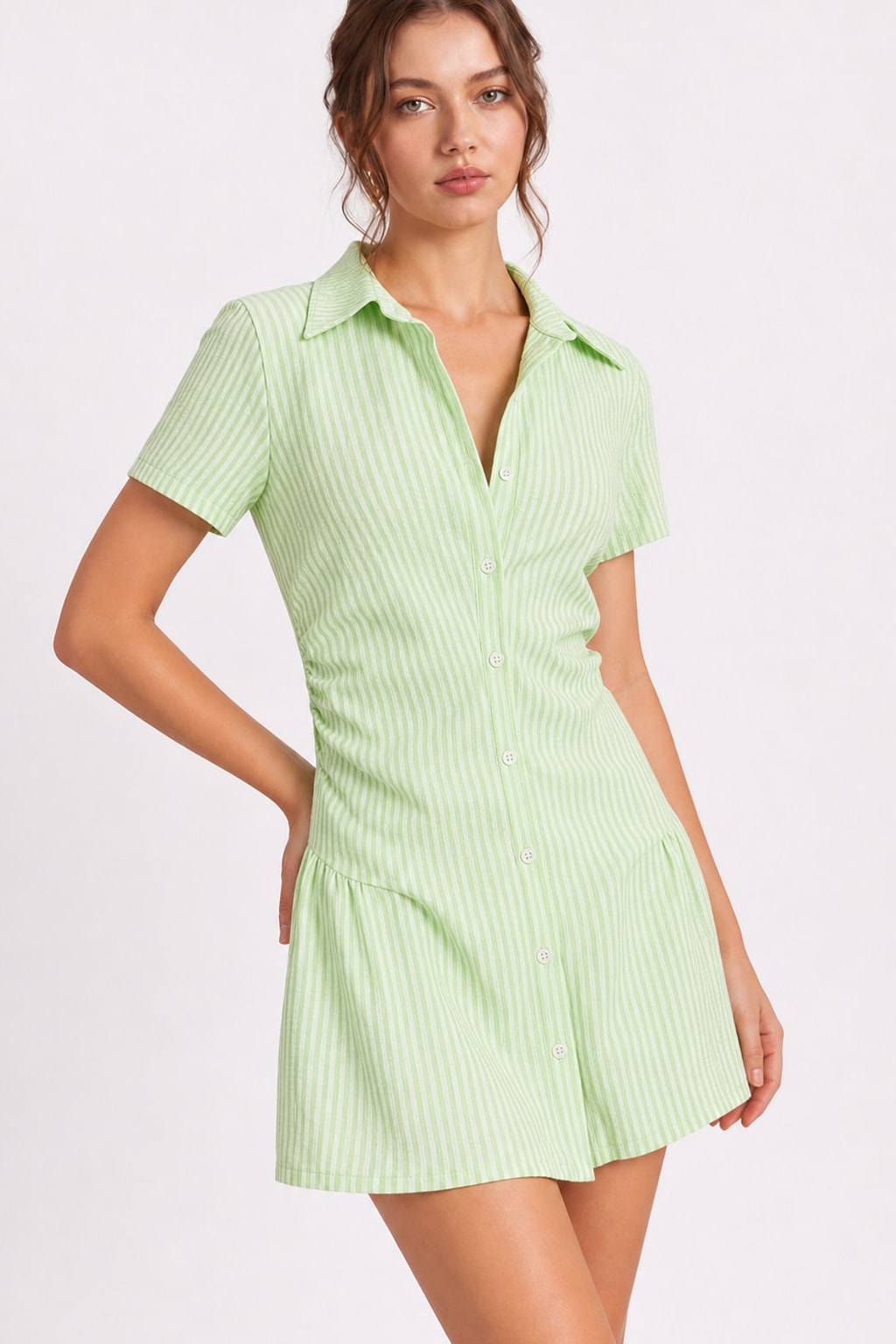 Polyester Striped V-Neck Mini Dress - 7