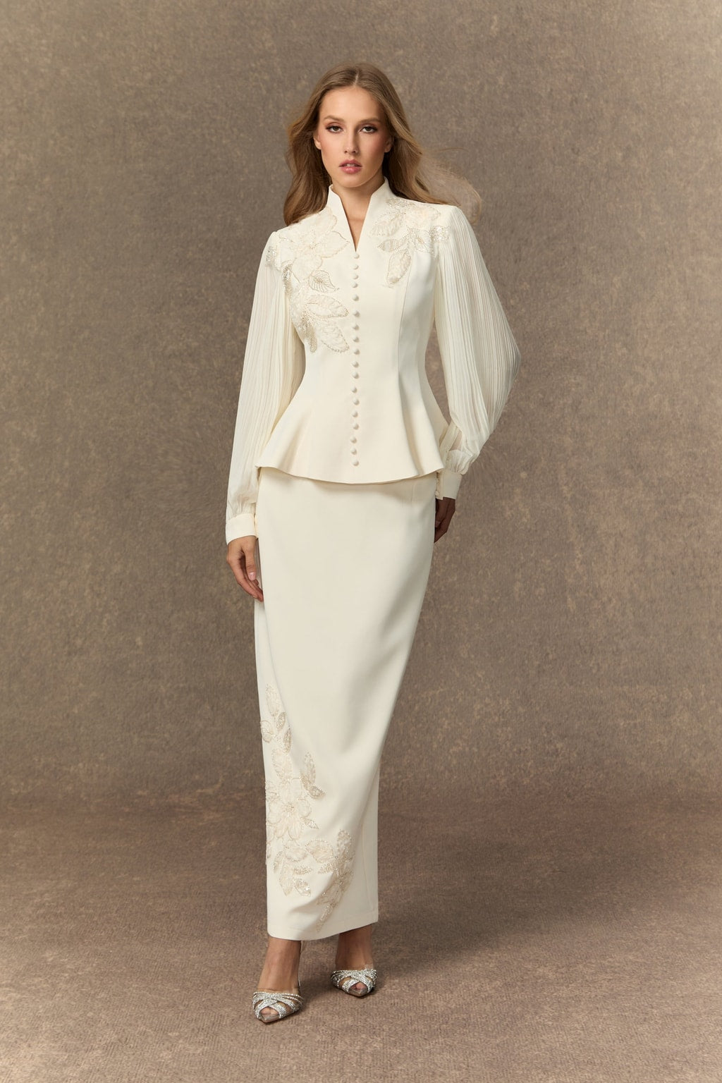 White Floral Embroidered Skirt Set Modest Peplum Maxi Outfit - 7