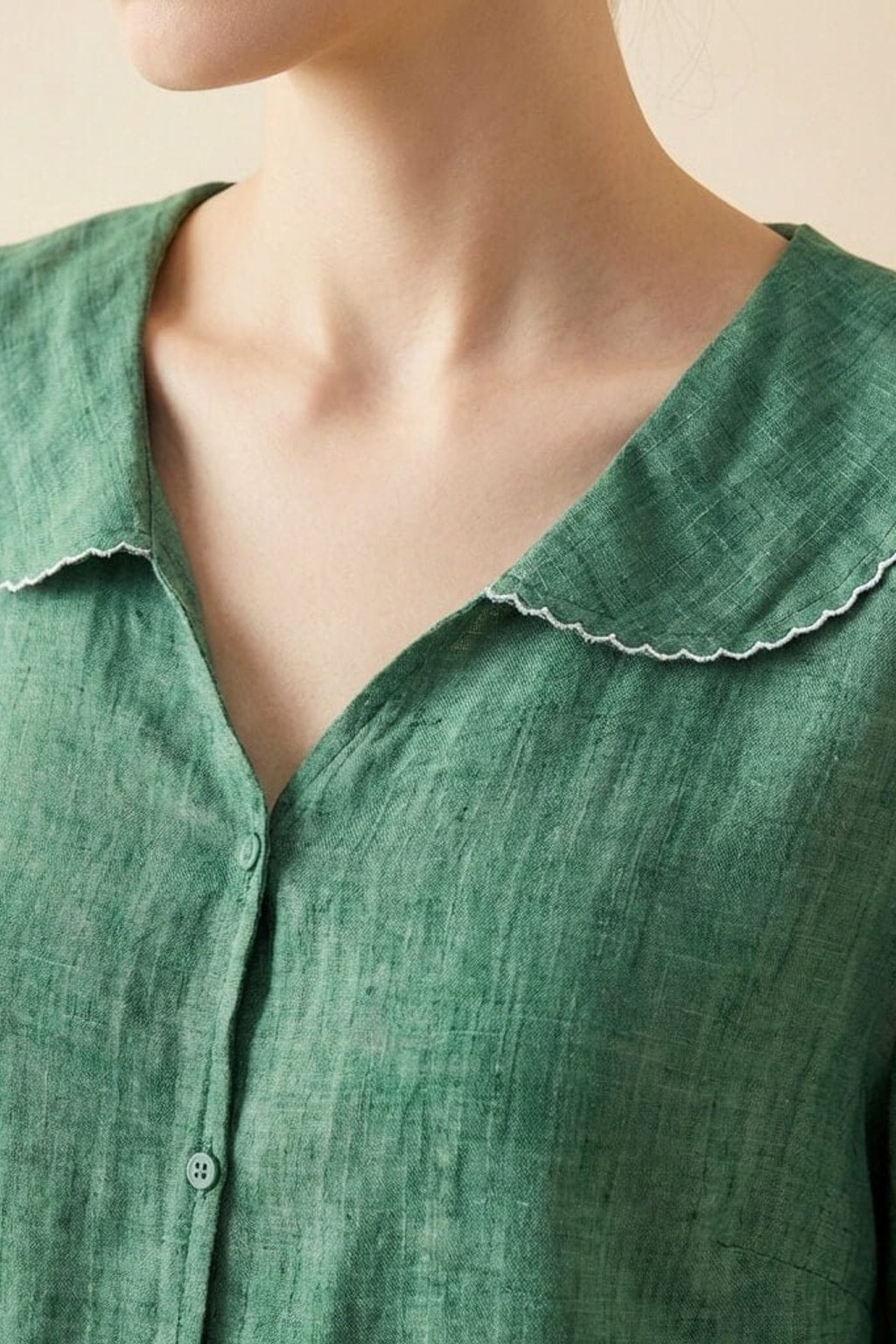 Effortless Cotton Linen Blouse With Scalloped Collar Detail - 7