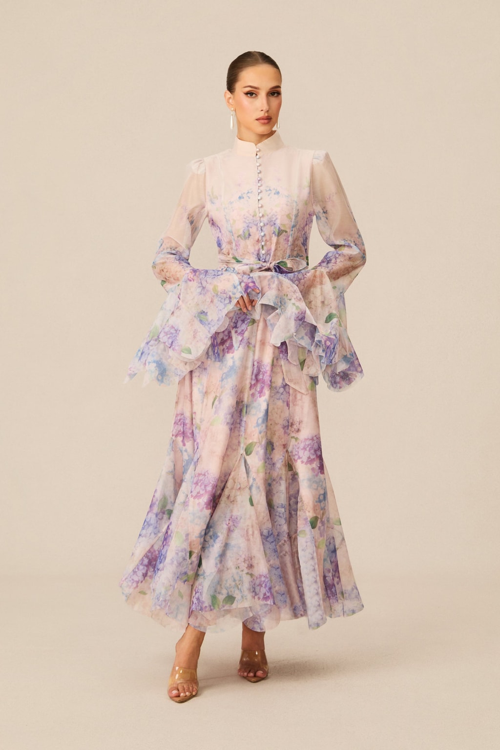 Floral Print Maxi Dress With Ruffle Cuffs And Tie Waist Belt - 6