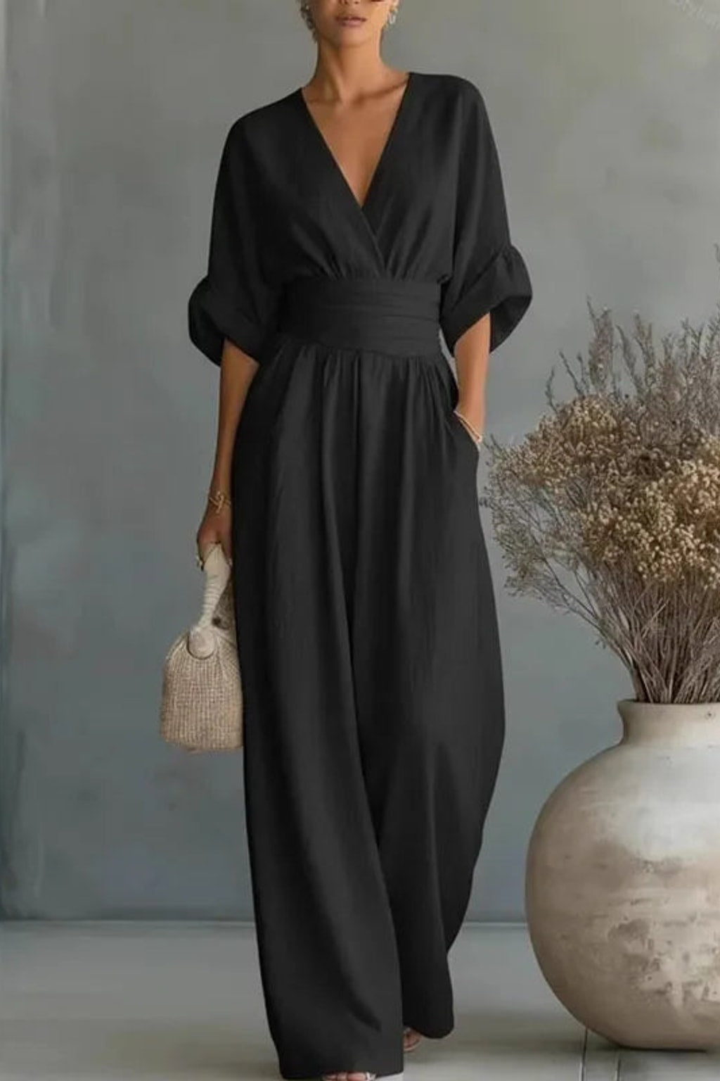 Effortless Flowy Wide-Leg Wrap Jumpsuit With V-Neck - 7