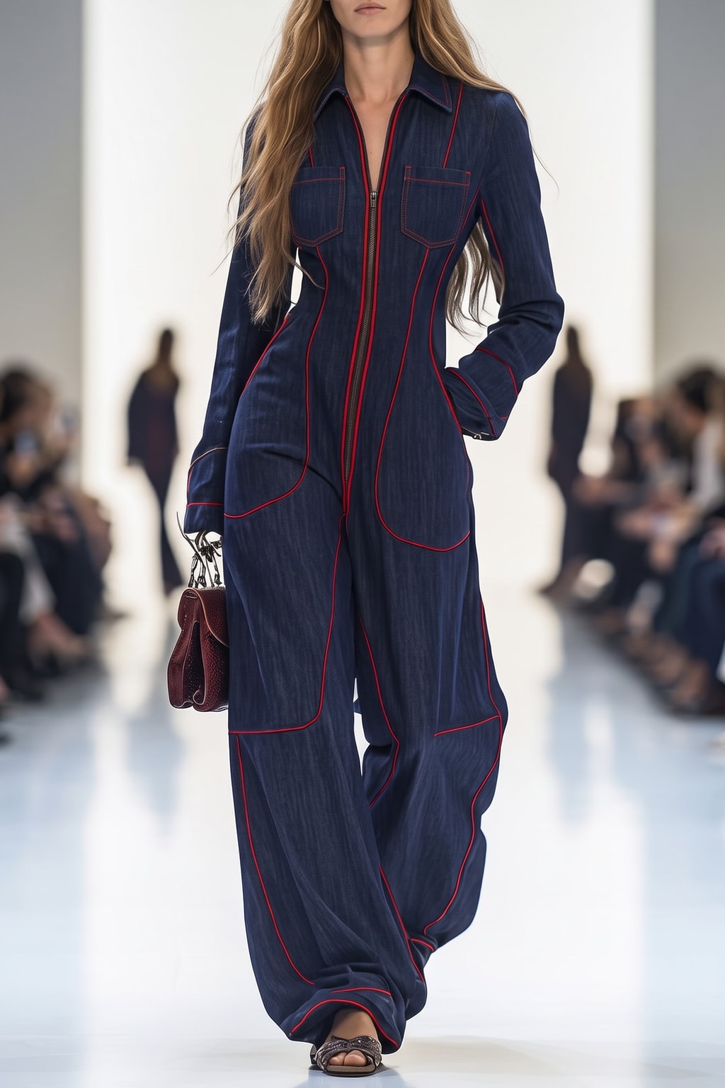 Classic Denim Wide Leg Jumpsuit With Stand Collar - 7