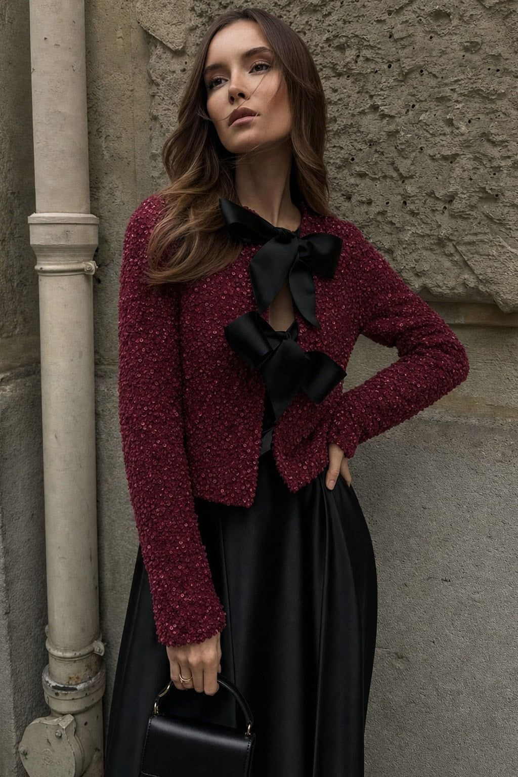 Sequin Velvet Jacket With Bowknot Detail - 7