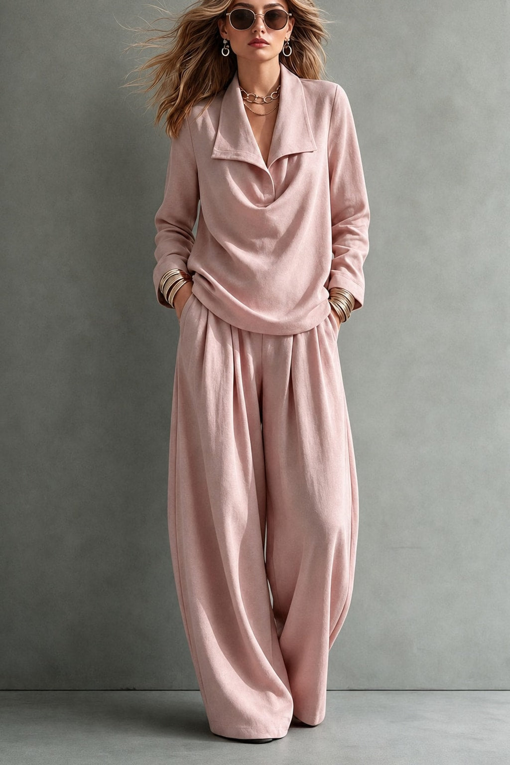 Effortless Polyester Lapel Blouse and Wide-Leg Trouser Two-Piece Set - 7
