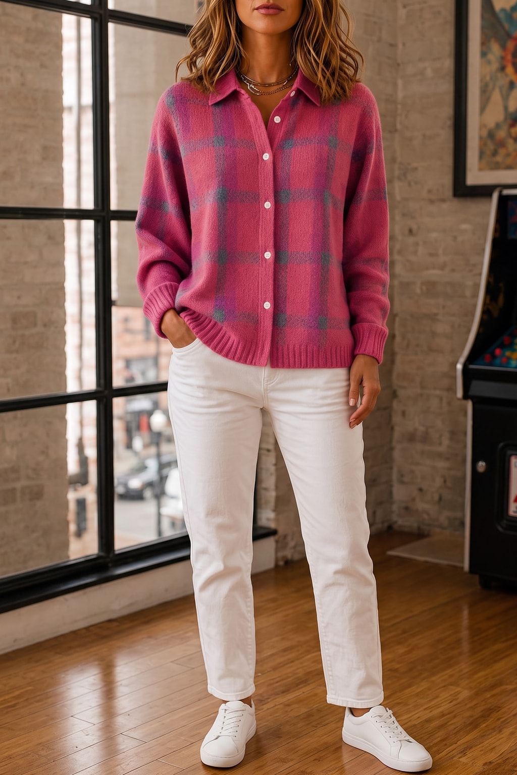 Cozy Textured Plaid Knit Button-Front Sweater - 7