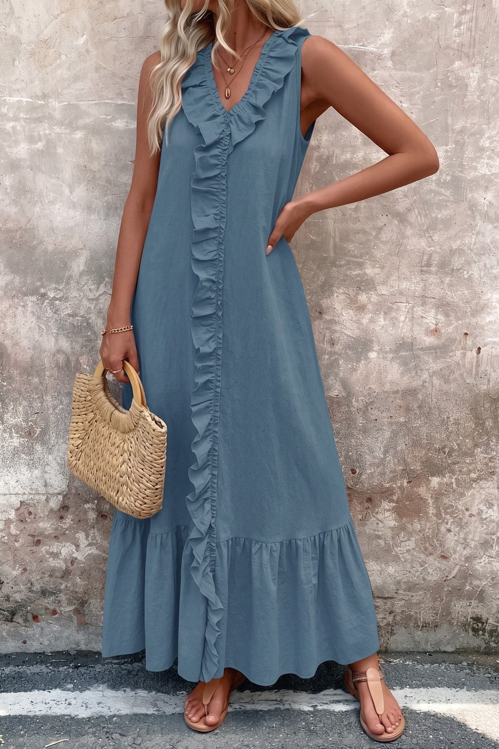 Effortless Cotton V-Neck Maxi Dress With Ruffle Trim - 7