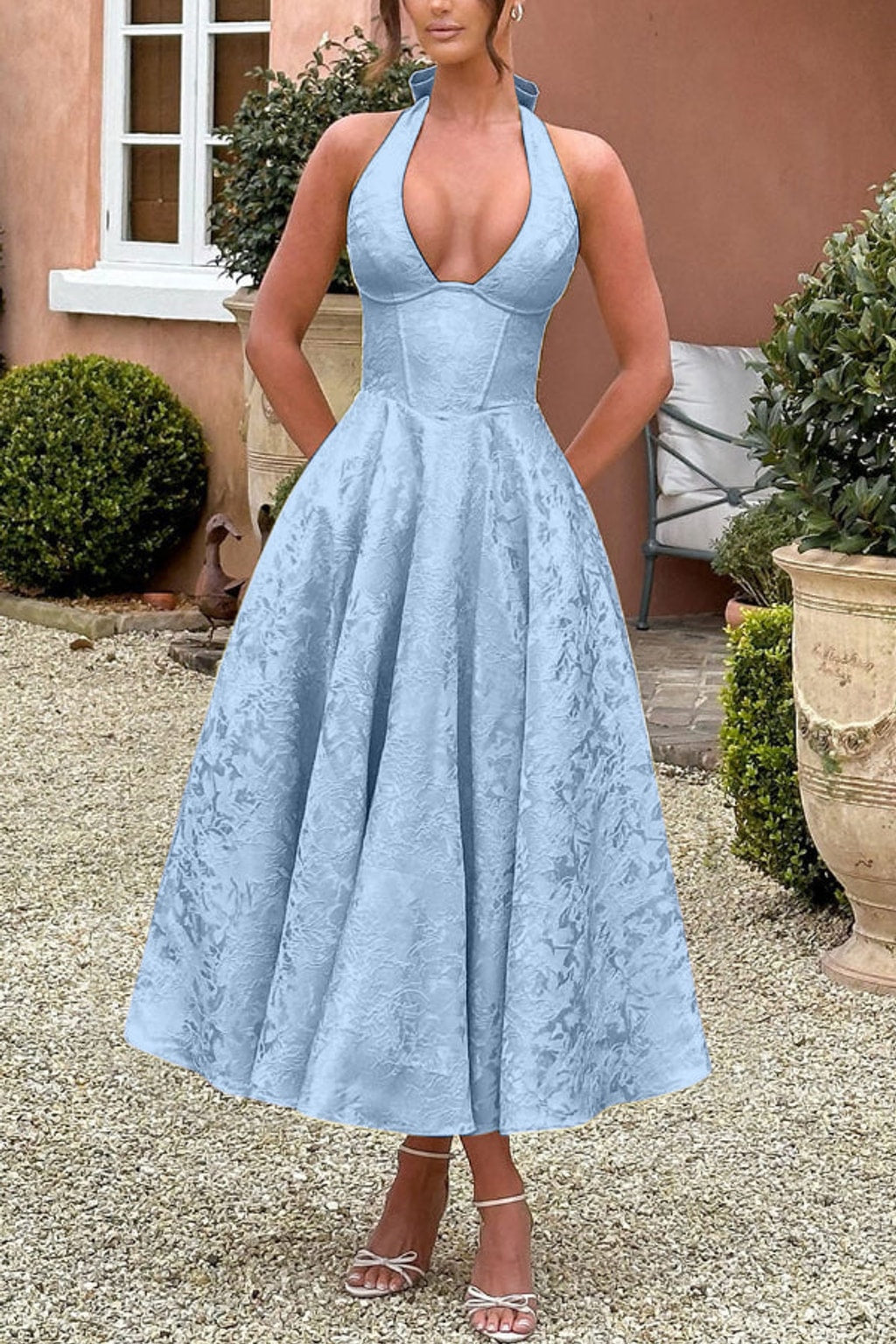 Jacquard Midi Dress With Halter Neck - 7
