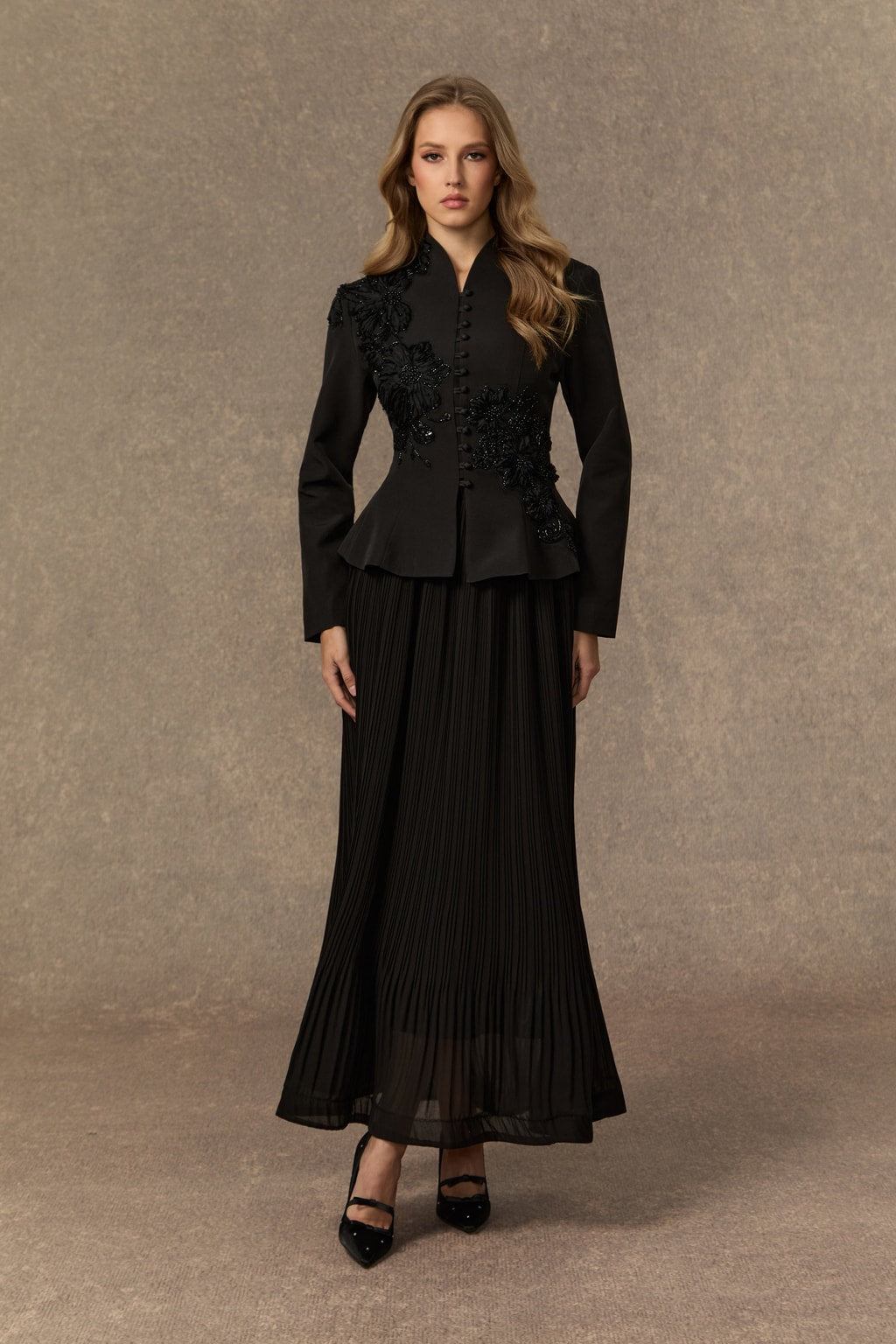 Terylene Lace Applique Peplum Jacket & Pleated Skirt Set - 7