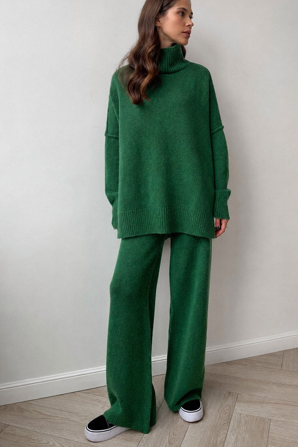 Knit Turtleneck Oversized Two-Piece Pant Set - 7