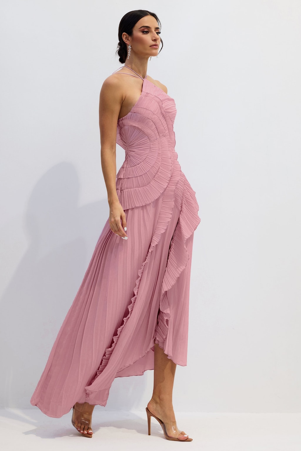 Chiffon Pleated Halterneck Midi Dress - 7