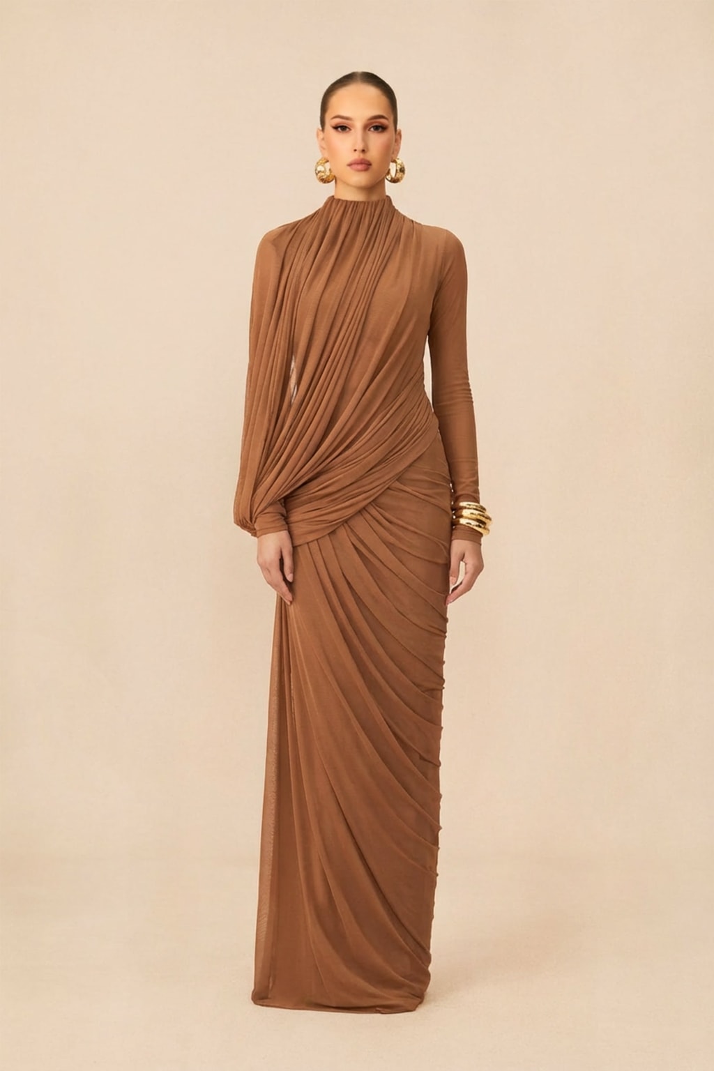 Maxi Dress With High Neck Asymmetric Drape Detail - 7